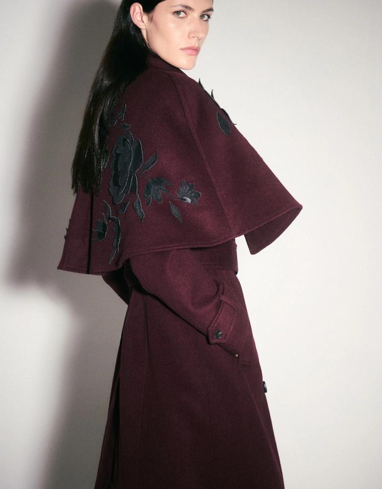 Brushed Wool Pu Mix Placed Floral Embroidery Applique Tailored Cape Full Skirted Midi Coat