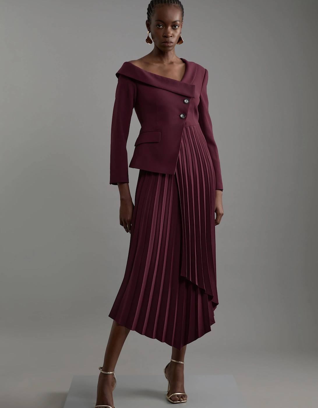 Tailored Crepe Asymmetric Pleated Midi Dress, 2 of 1