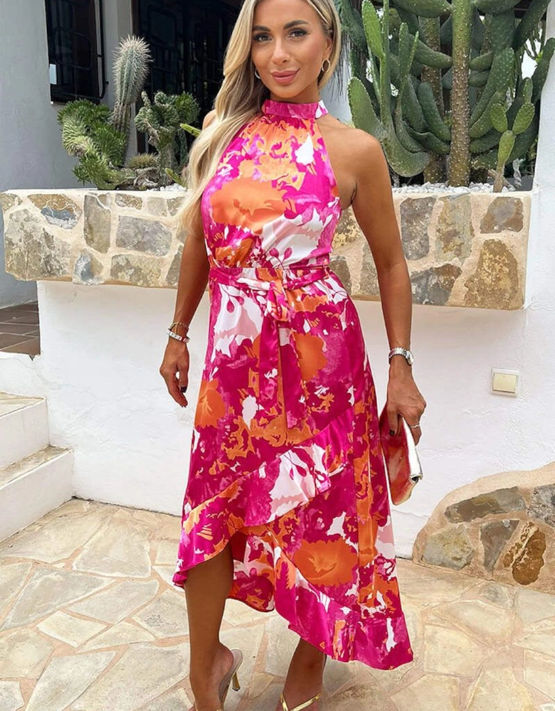 Pink And Peach Abstract Printed Halterneck Tie Waist Dipped Hem Midi Dress