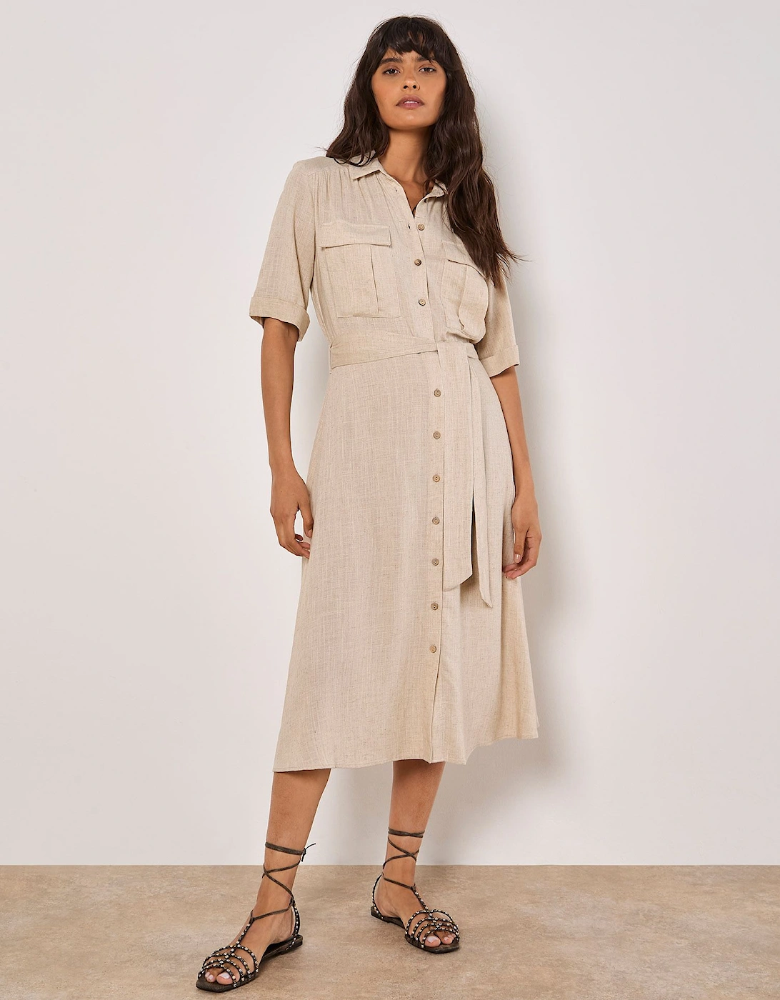 Linen Blend Utility Shirt Midi Dress, 2 of 1