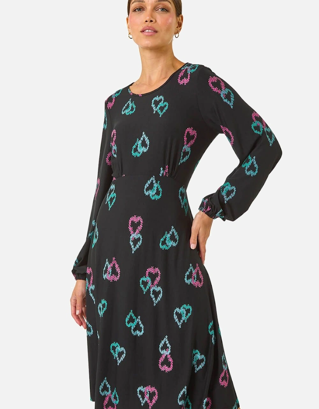 Heart Print Tea Stretch Midi Dress, 2 of 1