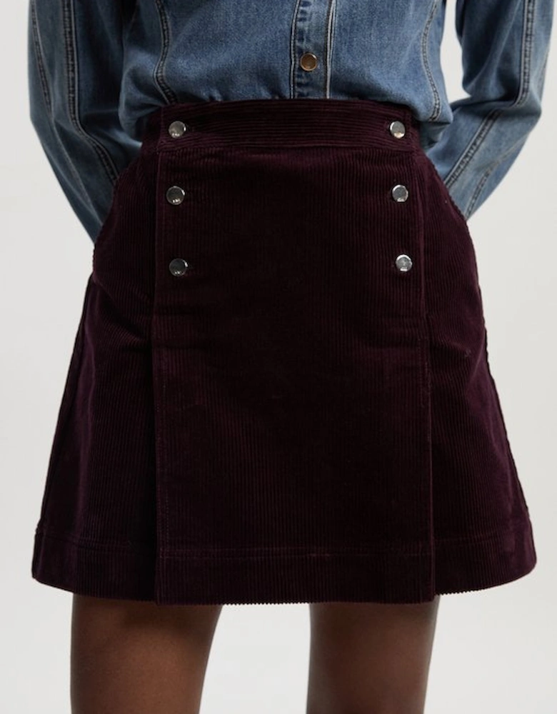Cord Button Pleat Detail Mini Skirt