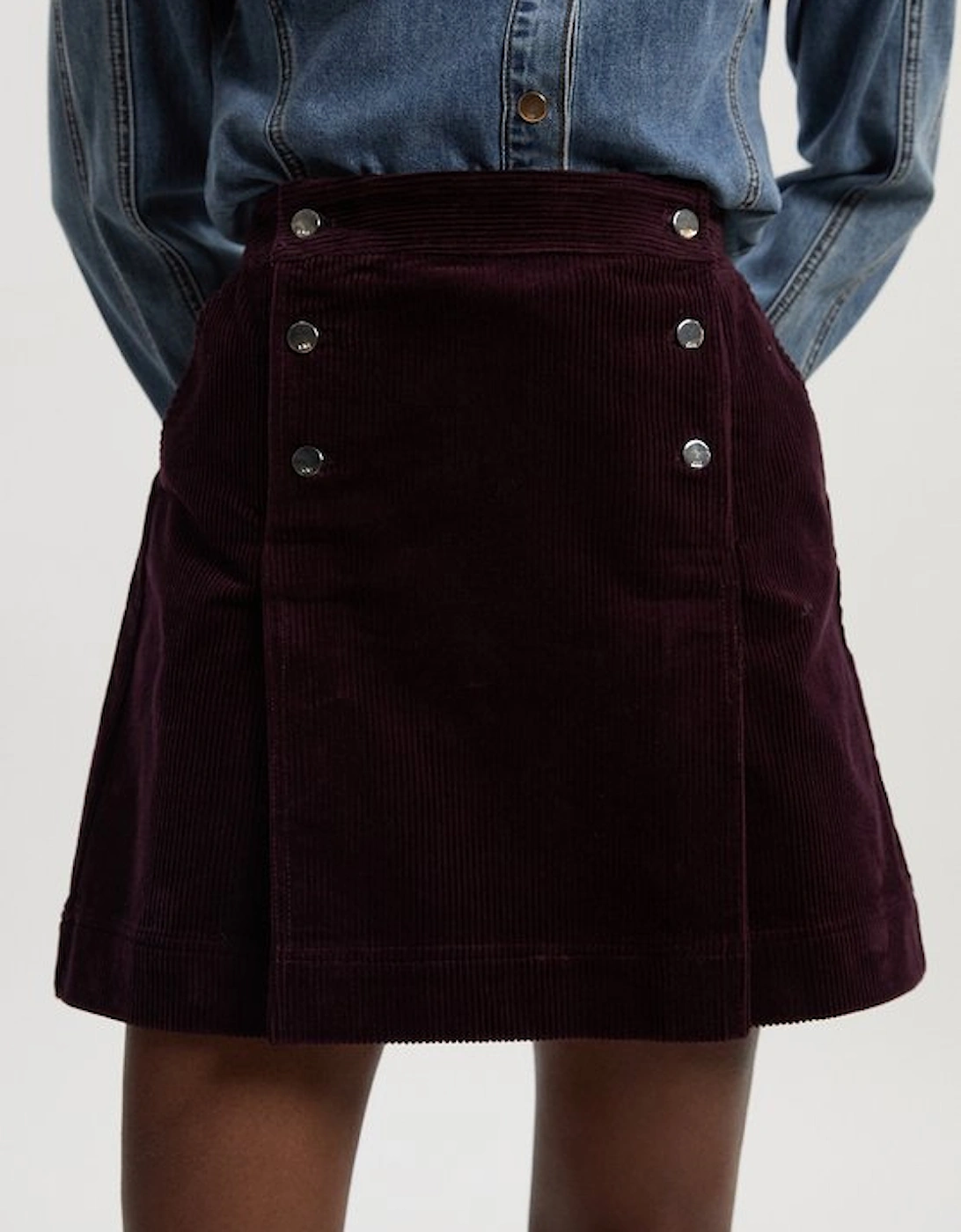Cord Button Pleat Detail Mini Skirt