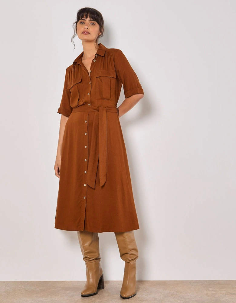 Linen Blend Utility Shirt Midi Dress
