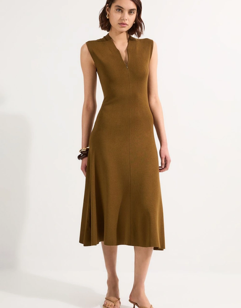 Viscose Blend Zip Front Sleeveless Knitted Midi Dress