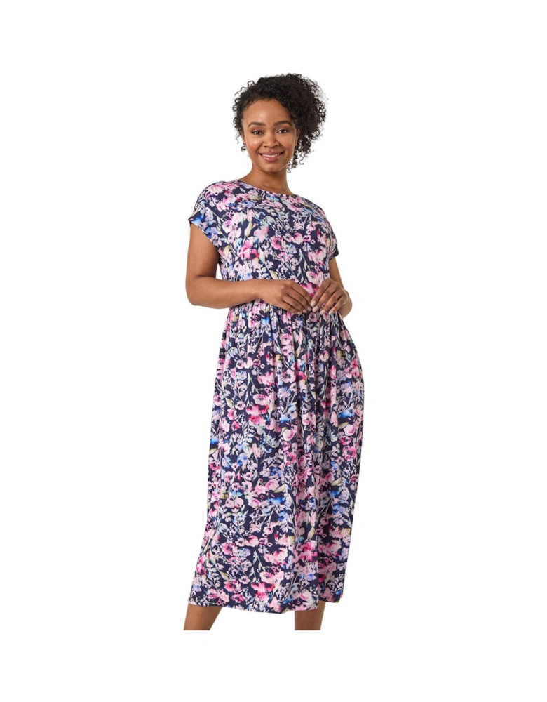 Petite Floral Print Gathered Midi Dress