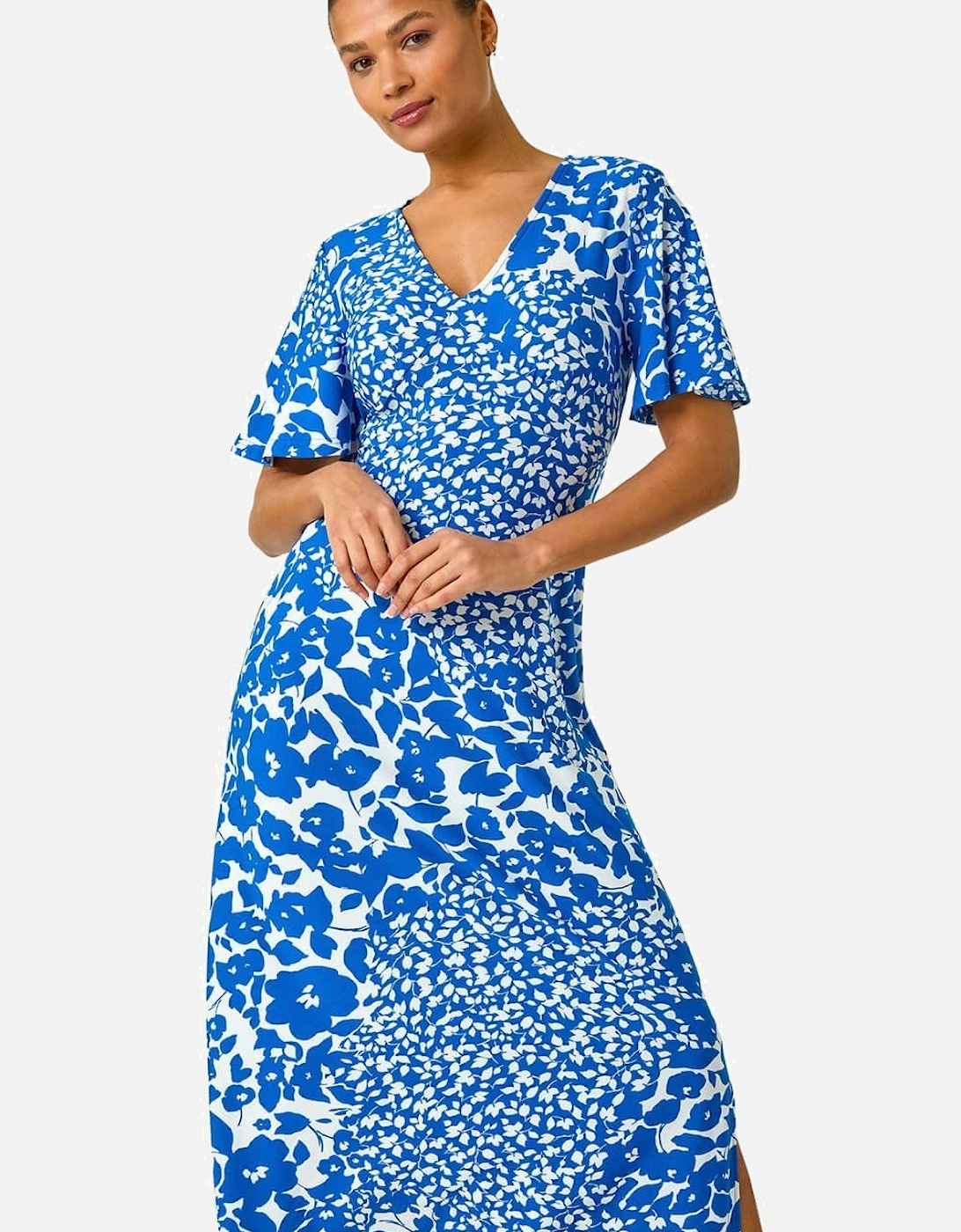 Floral Print V-Neck Stretch Midi Dress, 2 of 1