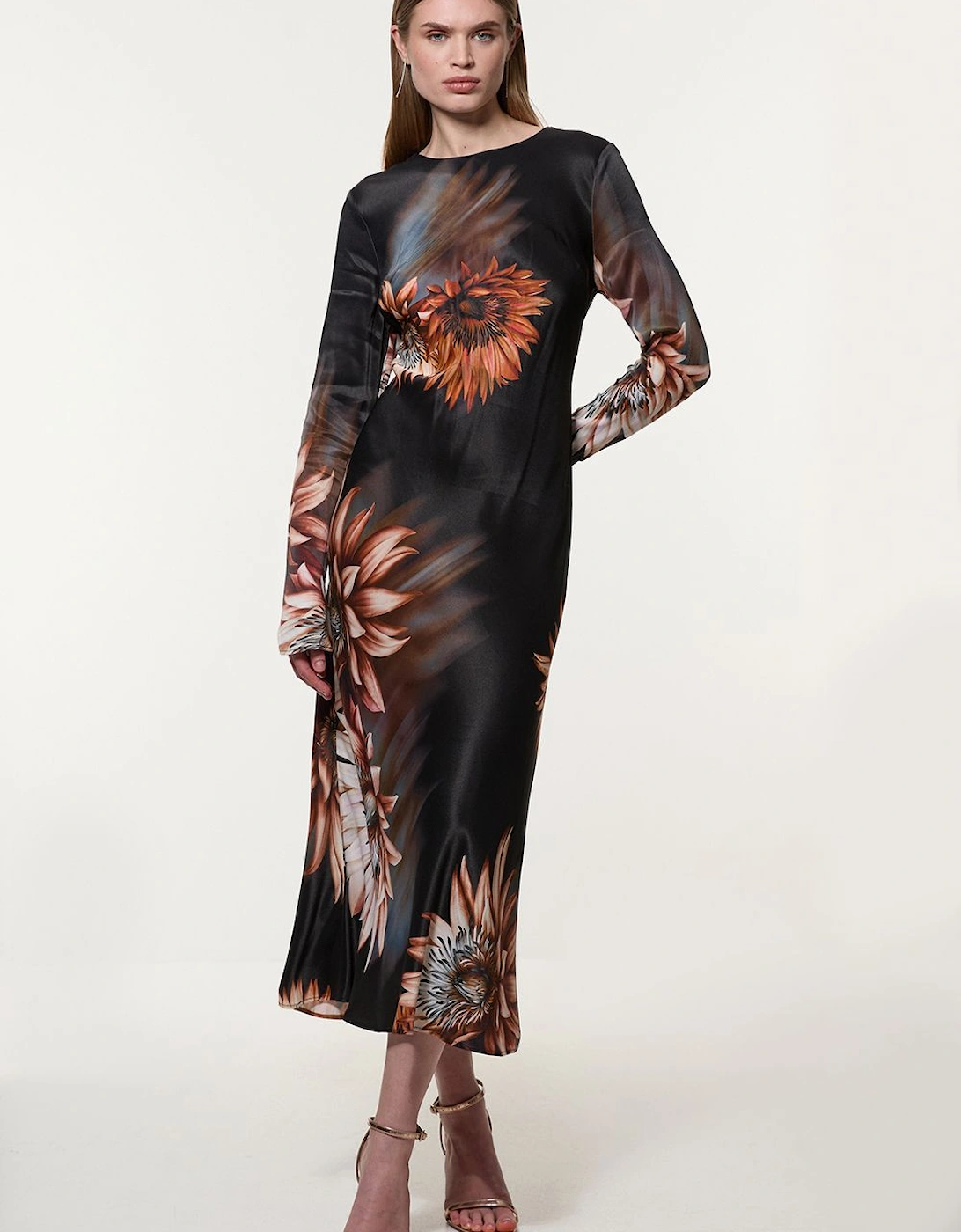 Petite Viscose Satin Long Sleeve Bias Cut Woven Midi Dress, 2 of 1