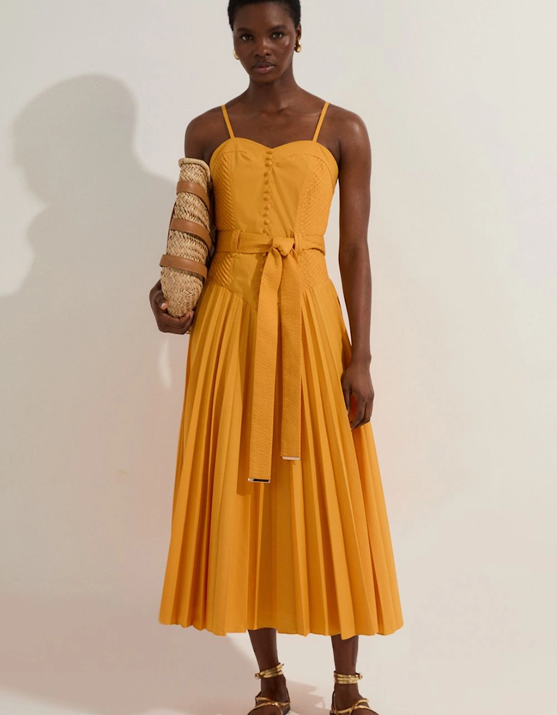 Cotton Top Stitch Dropped Waist Woven Strappy Midi Dress, 2 of 1