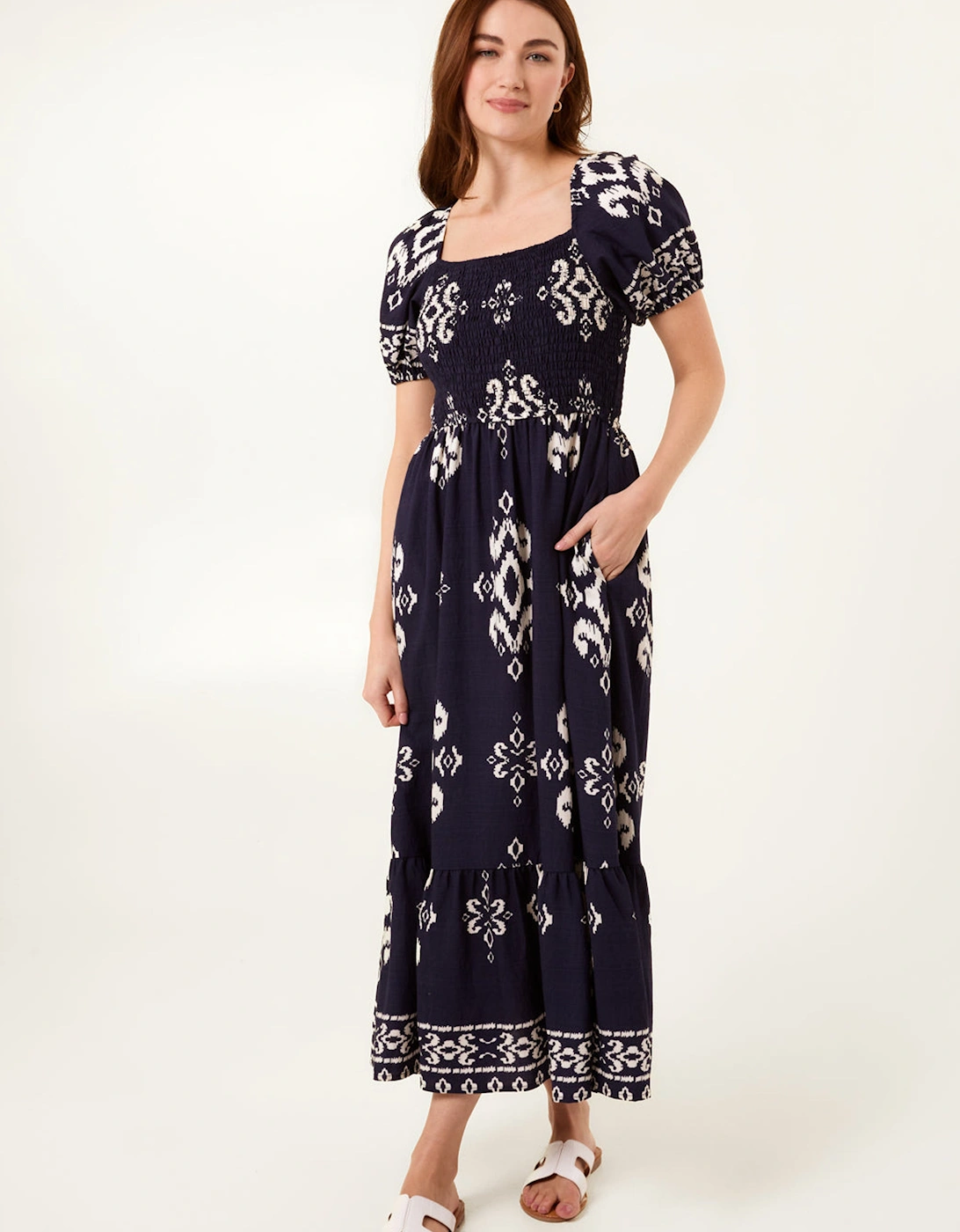 Navy Square Neck Shirred Waist Puff Sleeve Midi Dress, 2 of 1