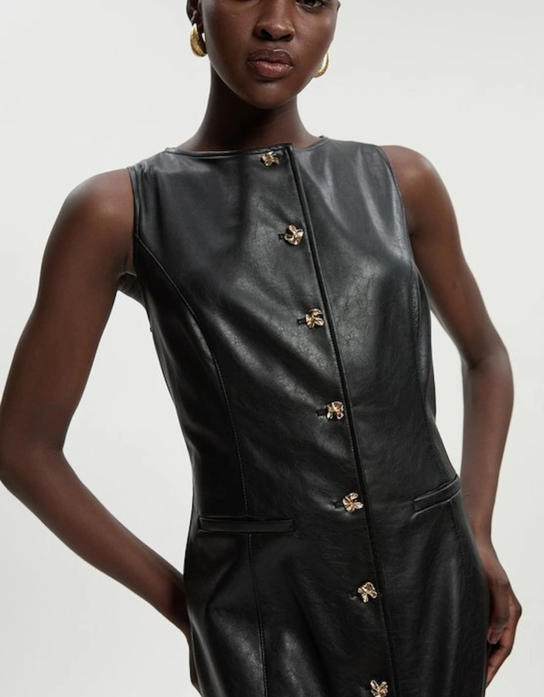 Faux Leather Button Detail Midi Pencil Dress