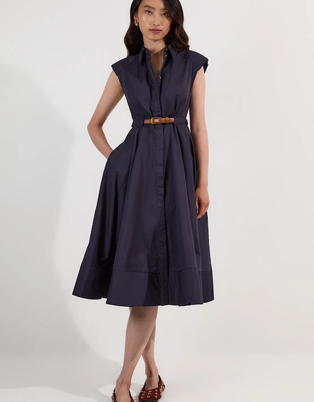 Tailored Cotton Belted Collared Full Midi Dress