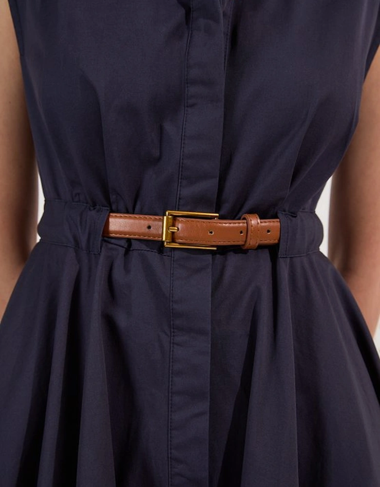 Tailored Cotton Belted Collared Full Midi Dress