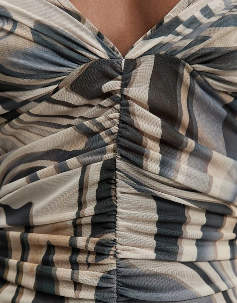 Marble Print Mesh Plunge Strappy Detail Maxi Dress