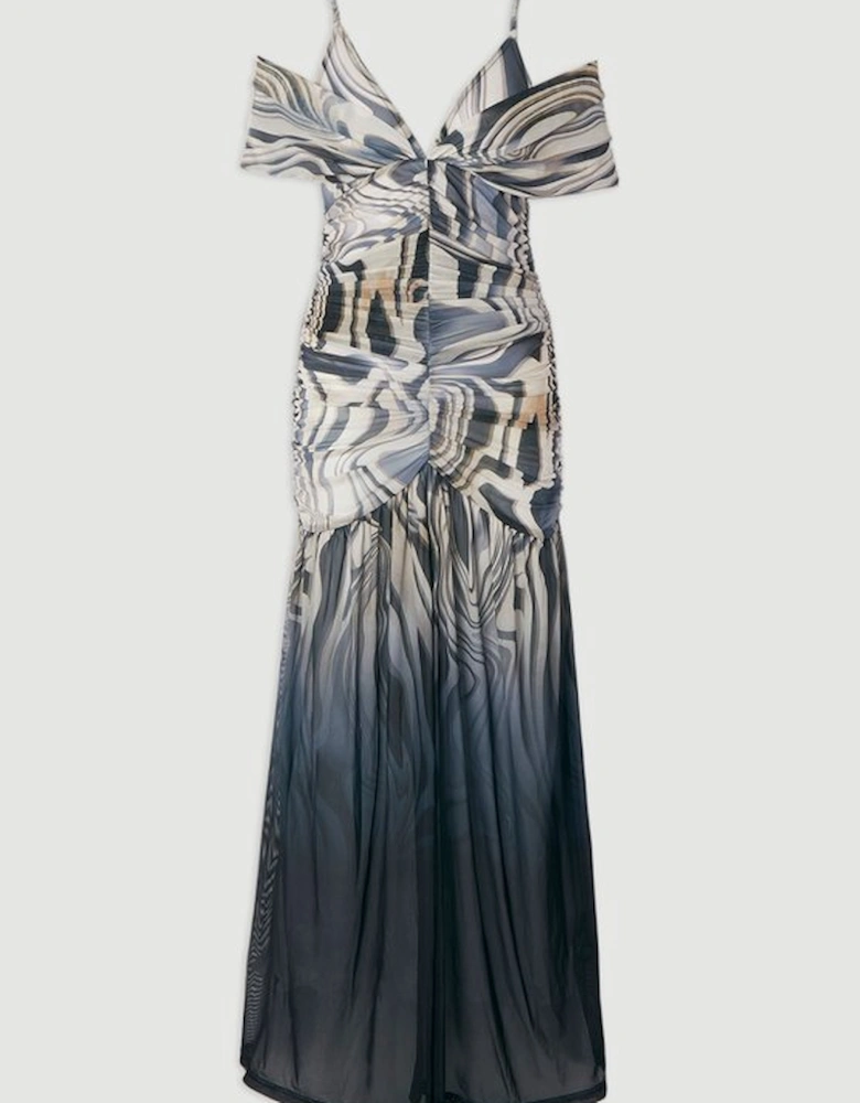 Marble Print Mesh Plunge Strappy Detail Maxi Dress