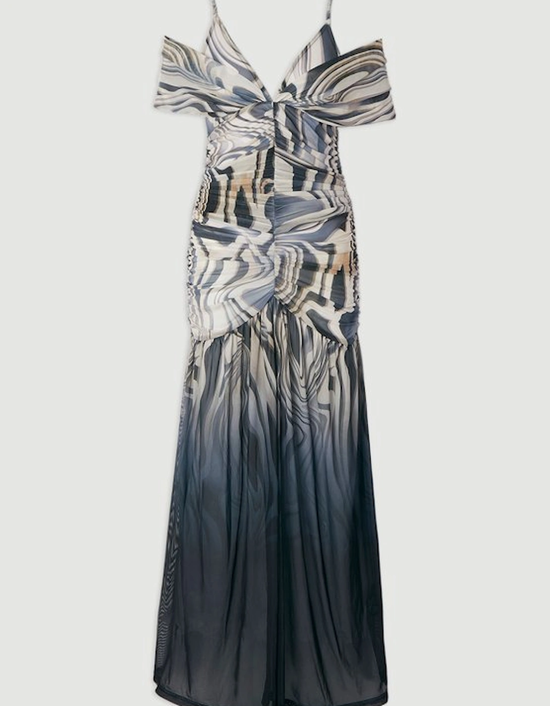 Marble Print Mesh Plunge Strappy Detail Maxi Dress