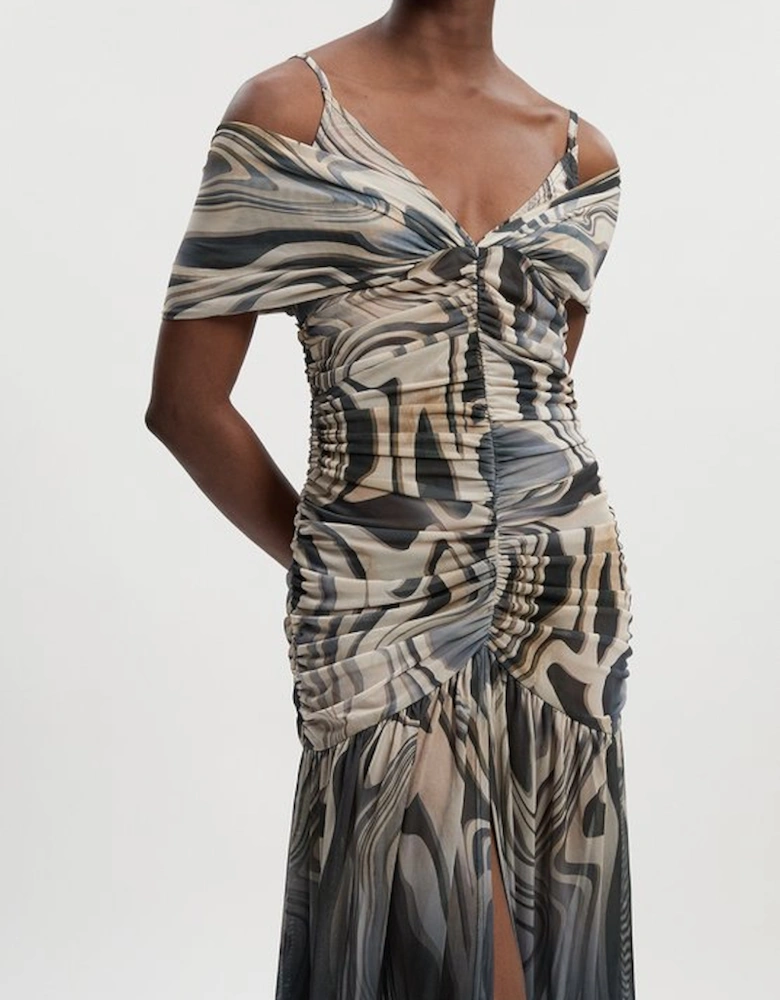 Marble Print Mesh Plunge Strappy Detail Maxi Dress