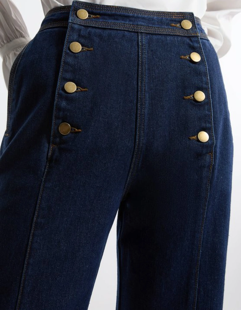 Denim Tailored Button Front Straight Leg Jeans