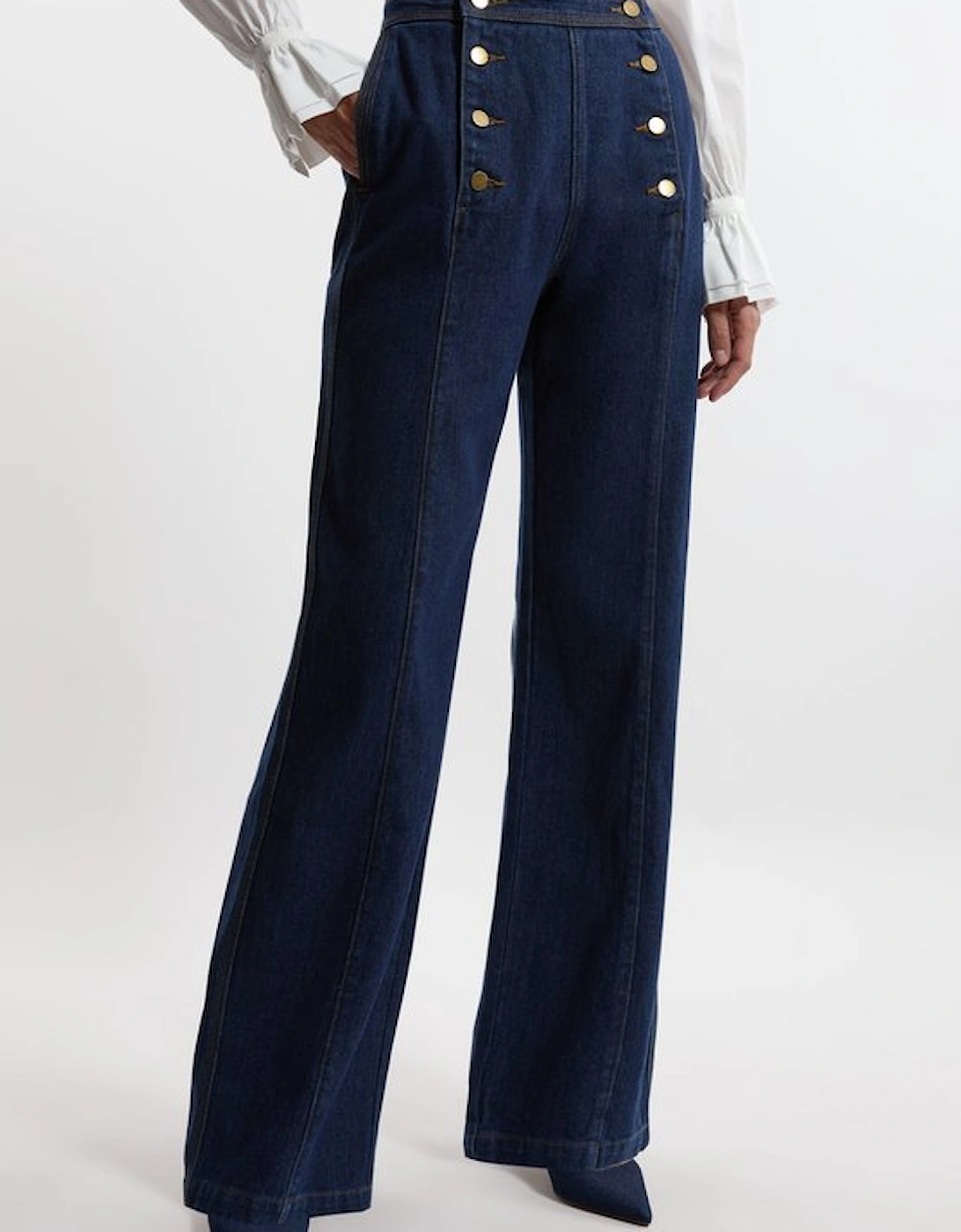 Denim Tailored Button Front Straight Leg Jeans