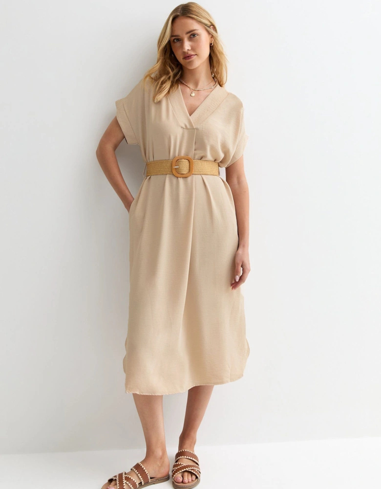 Beige V Neck Raffia Belt Tunic Dress