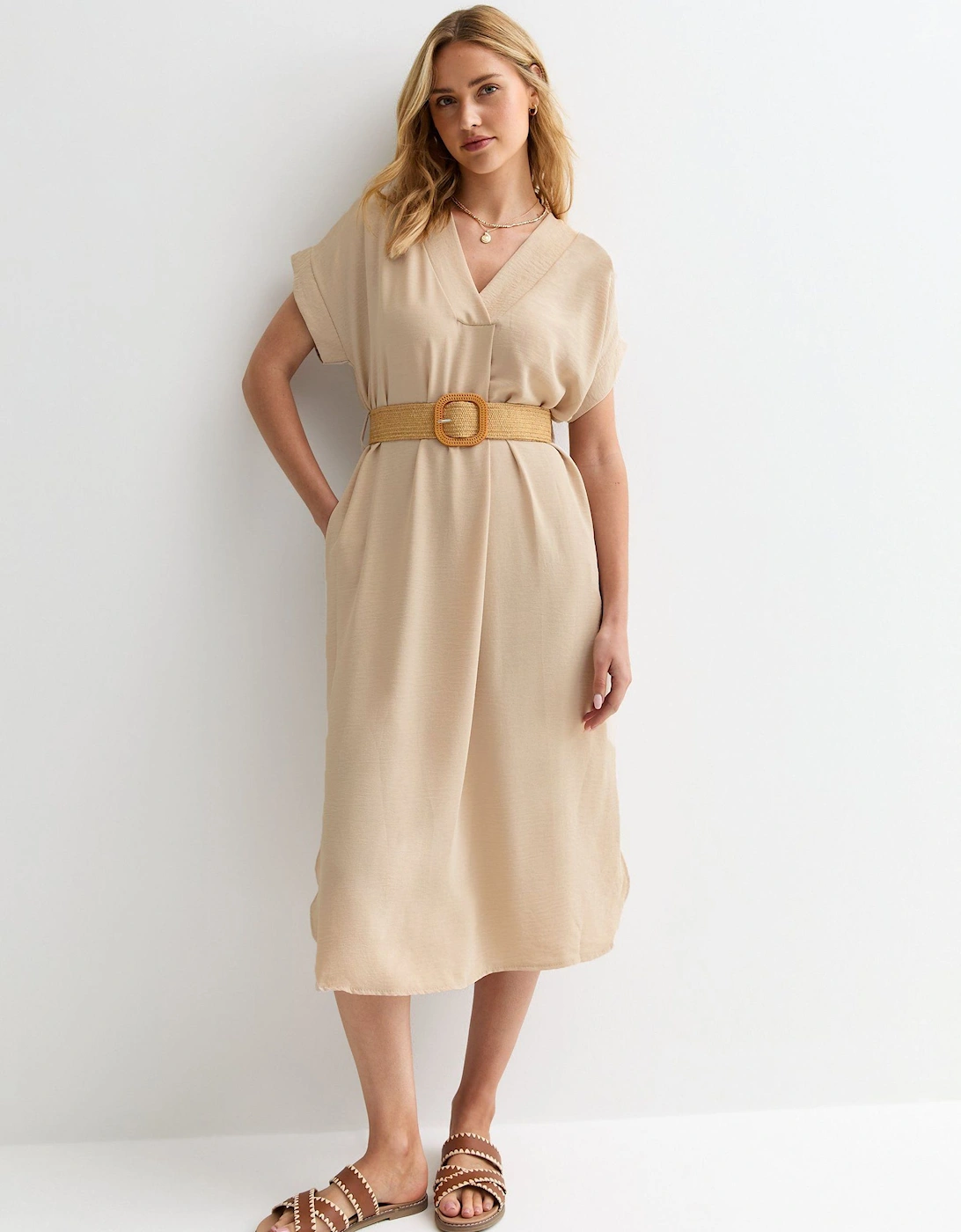 Beige V Neck Raffia Belt Tunic Dress, 2 of 1