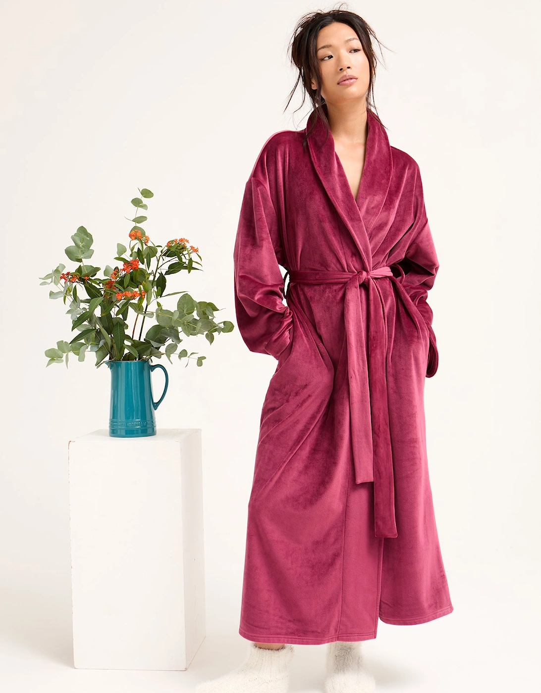 Velour Longline Dressing Gown in Bordeaux, 5 of 4