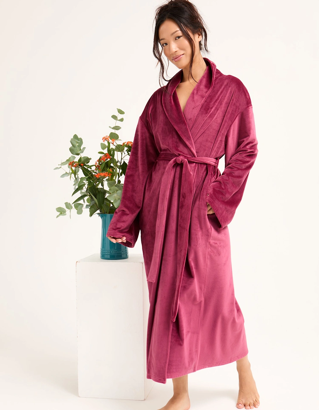 Velour Longline Dressing Gown in Bordeaux