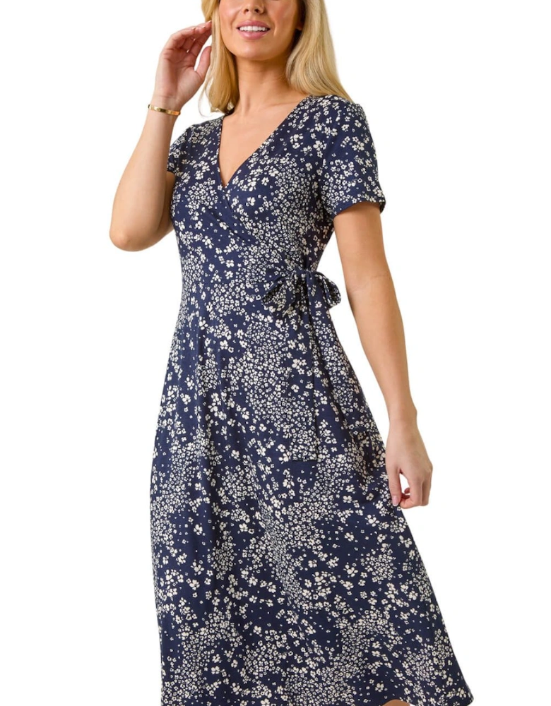 Petite Ditsy Tie Waist Stretch Midi Dress