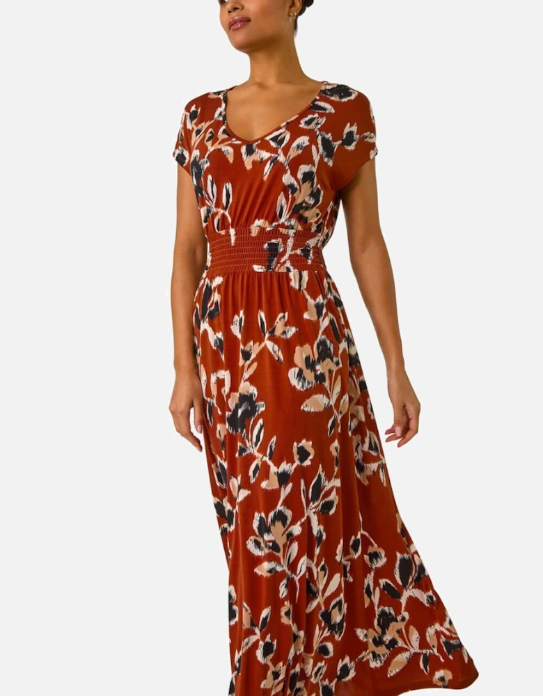 Abstract Stretch Ruched Waist Maxi Dress