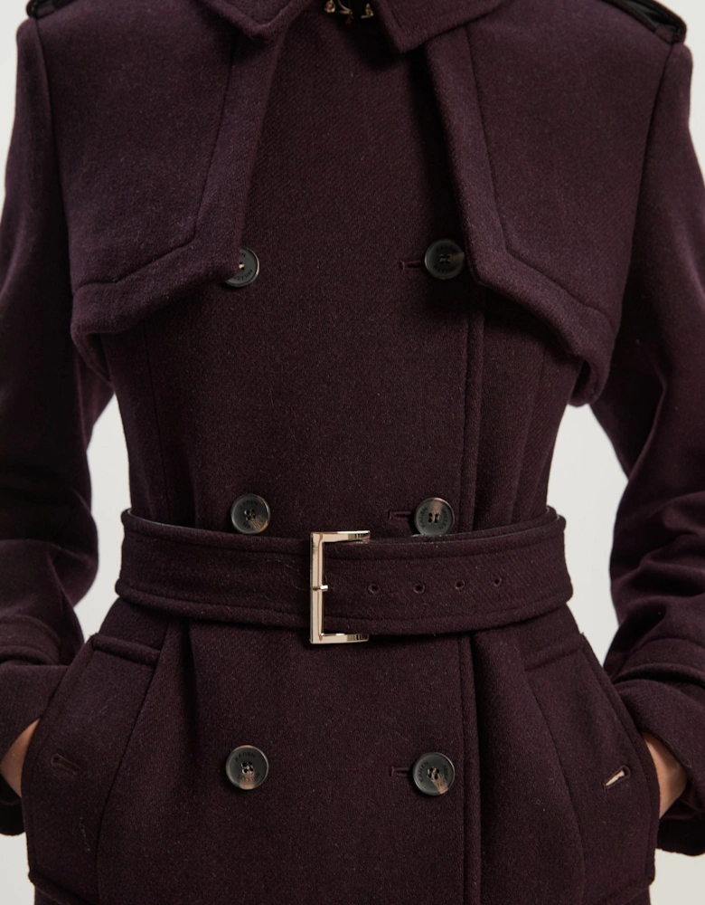 Petite Wool Pu Mix Tailored Belted Trench Maxi Coat