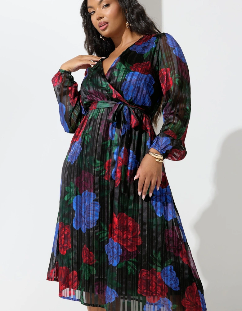 Floral Metallic Wrap Dress