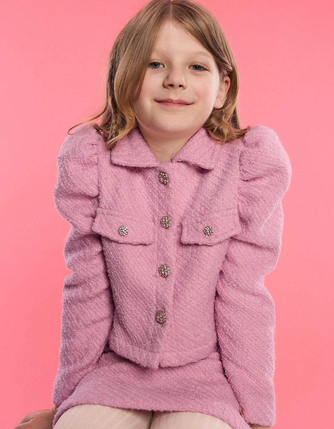 BCBG Girls Tweed Puff Sleeve Jacket in Pink