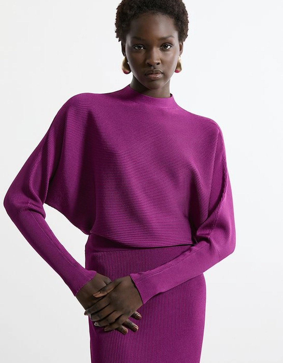 Slinky Drape Knit Bat Wing Pencil Midi Dress