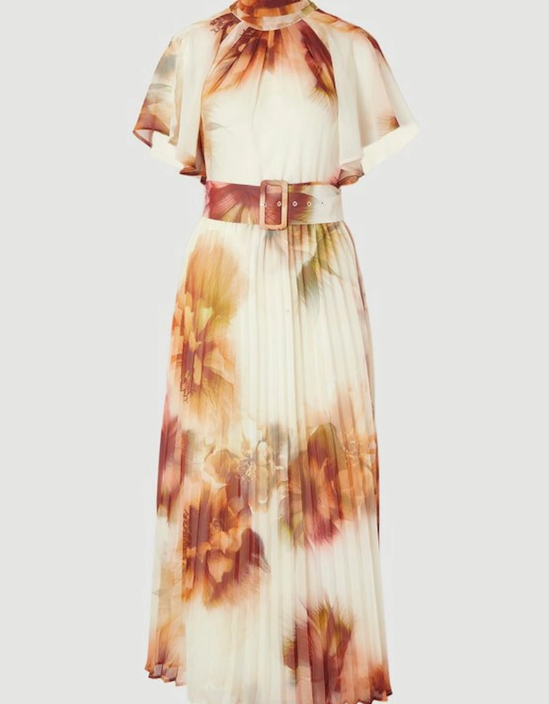 Floral Print Pussy Bow Tie Georgette Belted Woven Midi Dress