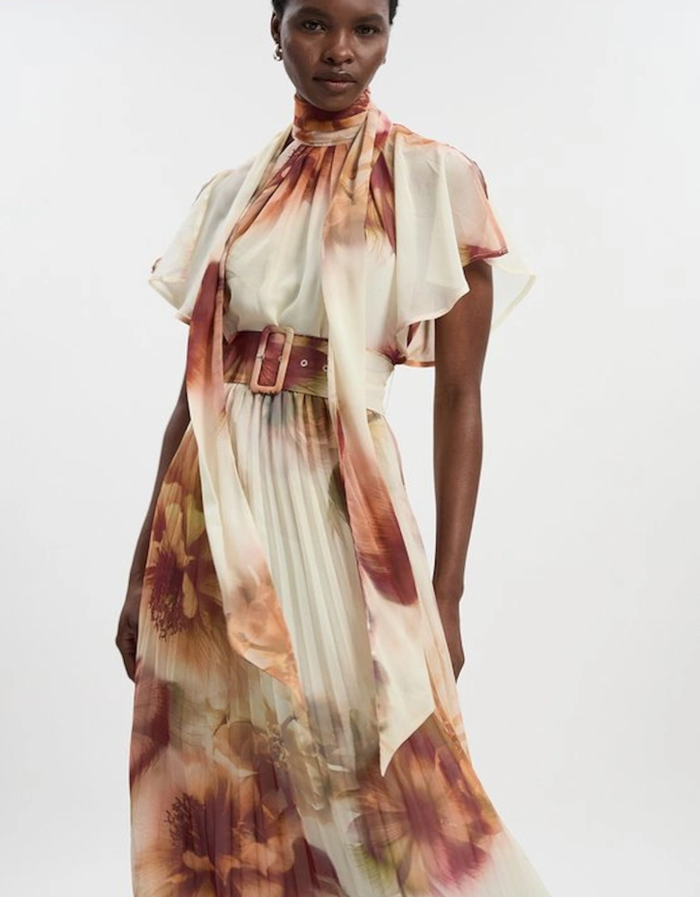 Floral Print Pussy Bow Tie Georgette Belted Woven Midi Dress