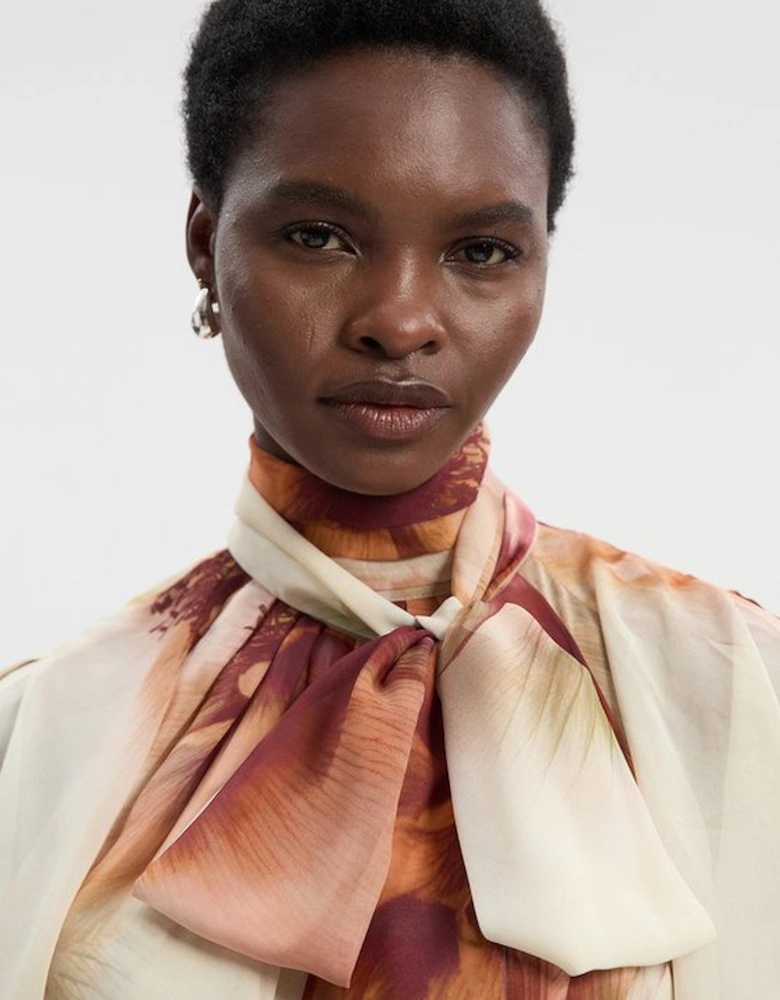 Floral Print Pussy Bow Tie Georgette Belted Woven Midi Dress