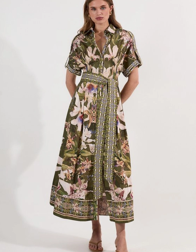 Cotton Sateen Floral Woven Belted Maxi Shirt Dress
