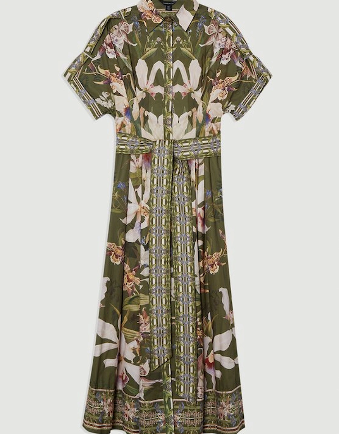 Cotton Sateen Floral Woven Belted Maxi Shirt Dress