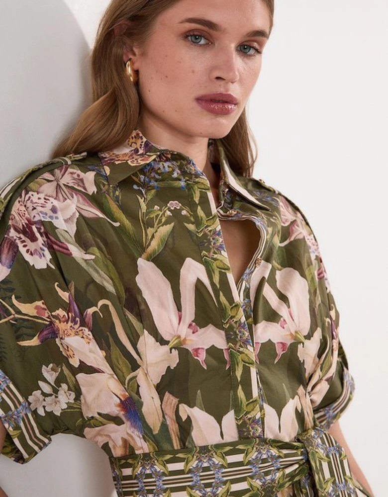 Cotton Sateen Floral Woven Belted Maxi Shirt Dress