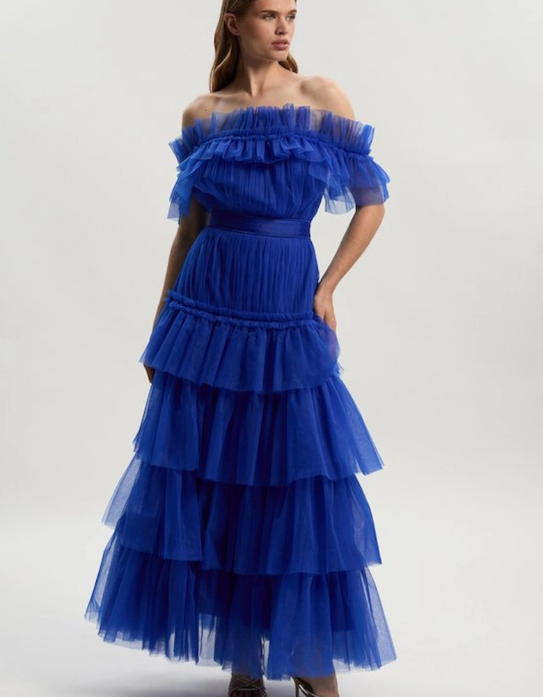 Tulle Layered Off the Shoulder Maxi Dress