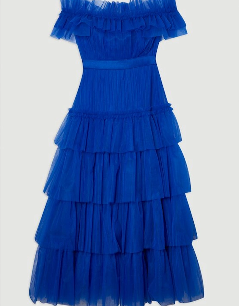 Tulle Layered Off the Shoulder Maxi Dress