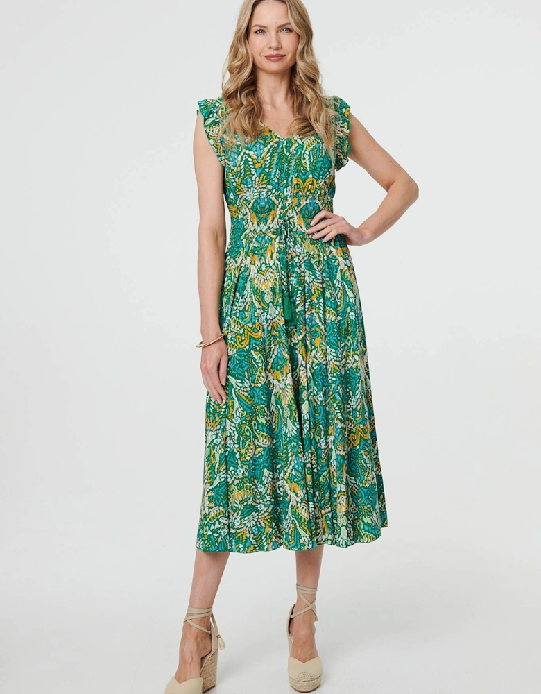 Leaf Print Frilled Sleeveless Midi Dress