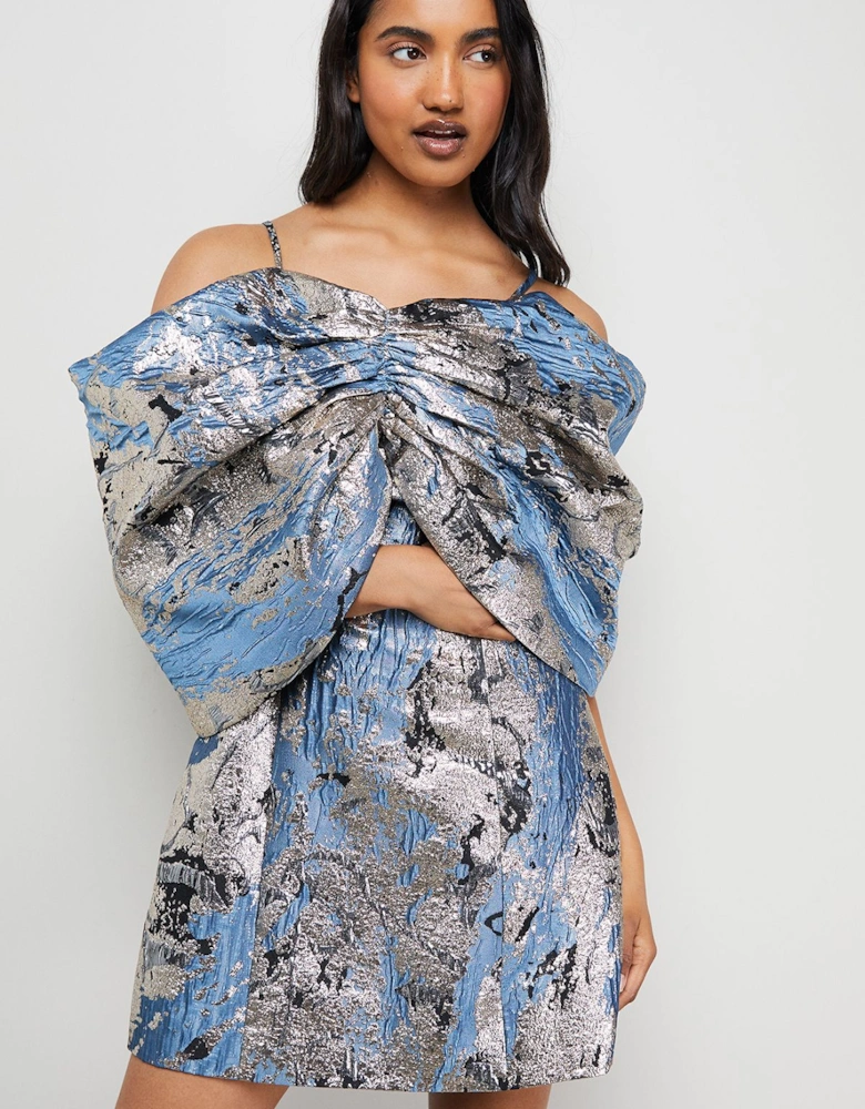 Metallic Jacquard Dramatic Sleeves Mini Dress