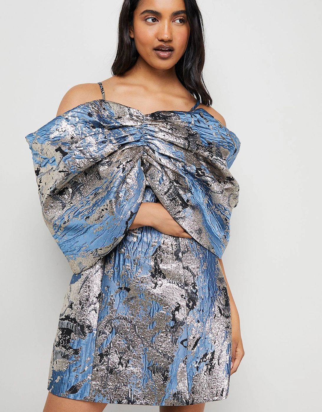 Metallic Jacquard Dramatic Sleeves Mini Dress, 2 of 1