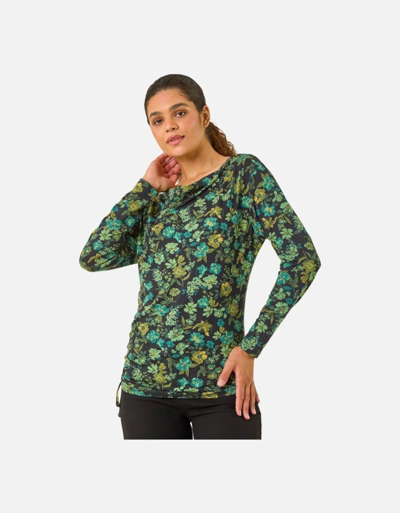 Ruched Cowl Neck Floral Top