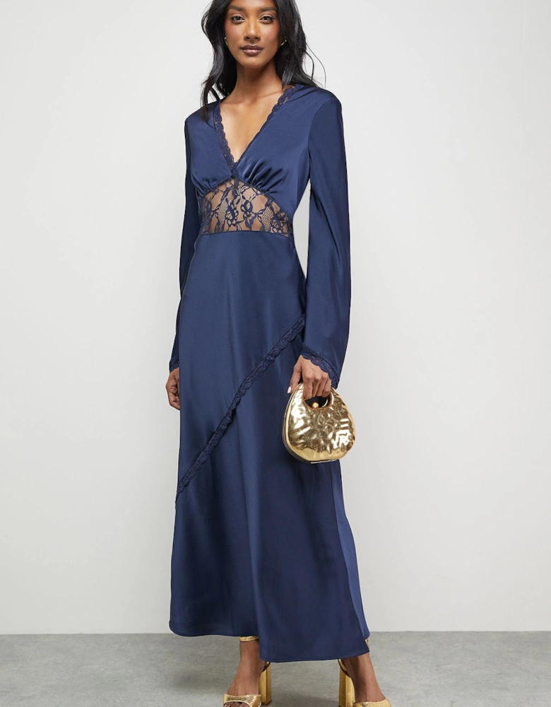 Satin Lace Insert Flute Sleeve Midi Dress