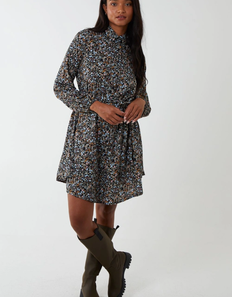 Multifloral Print Mini Shirt Dress