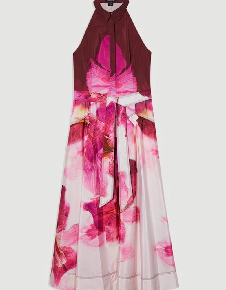 Placed Floral Taffeta Belted Woven Maxi Shirt Dress