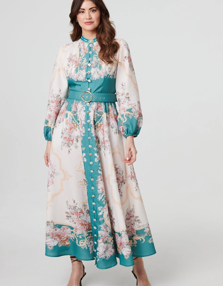 Floral Button Detail Belted Maxi Dress