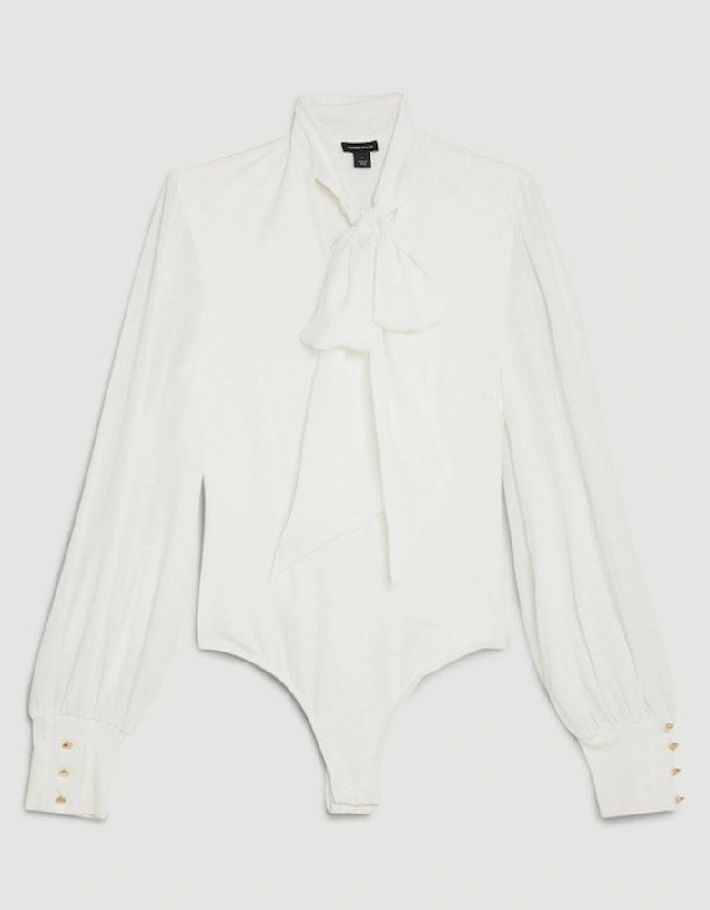 Jersey Ponte And Georgette Mix Tie Neck Long Sleeve Bodysuit
